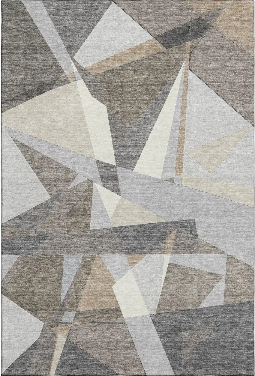 Taupe Ivory And Gray Geometric Washable Area Rug With UV Protection Photo 1
