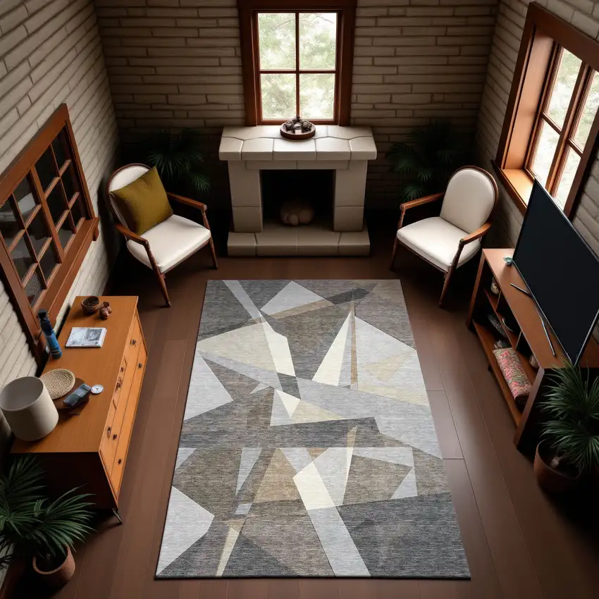 Taupe Ivory And Gray Geometric Washable Area Rug With UV Protection Photo 4