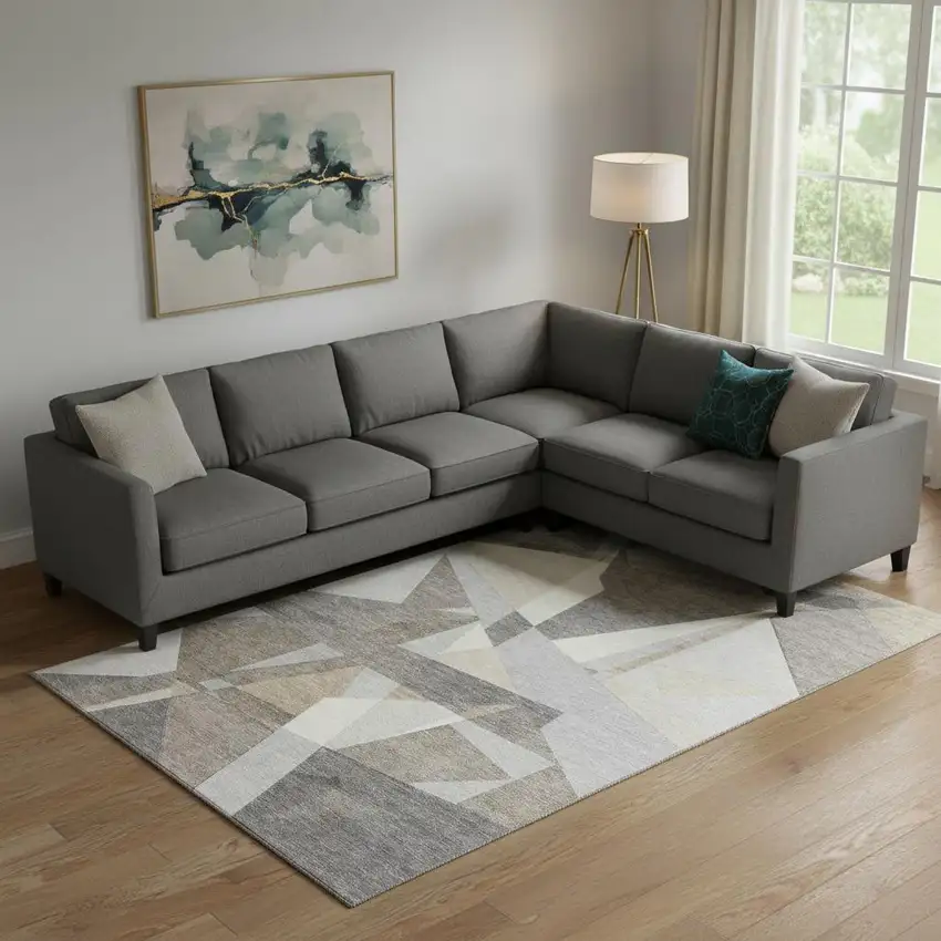 Taupe Ivory And Gray Geometric Washable Area Rug With UV Protection Photo 2