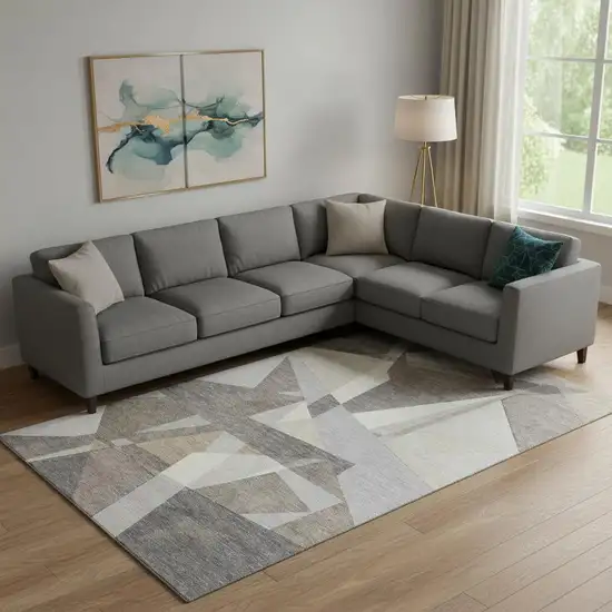 Taupe Ivory And Gray Geometric Washable Area Rug With UV Protection Photo 2