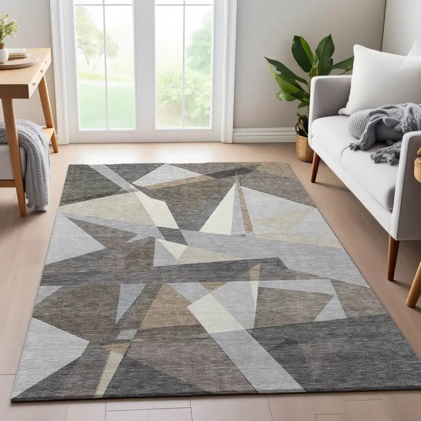 Taupe Ivory And Gray Geometric Washable Area Rug With UV Protection Photo 5