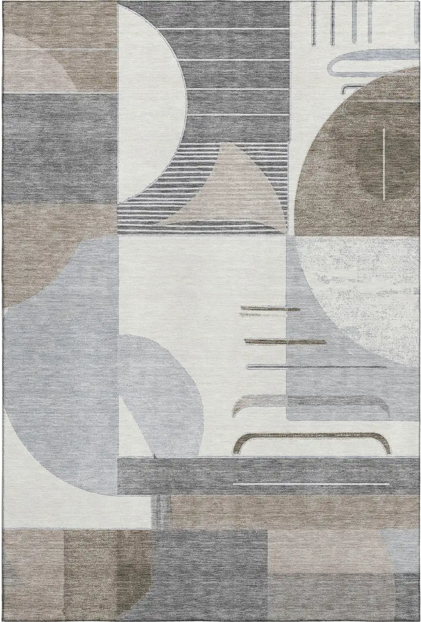 Taupe Ivory And Gray Geometric Washable Area Rug With UV Protection Photo 1