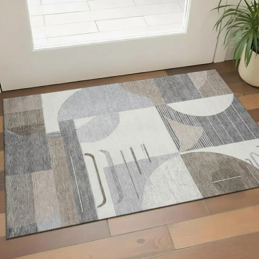 Taupe Ivory And Gray Geometric Washable Area Rug With UV Protection Photo 2