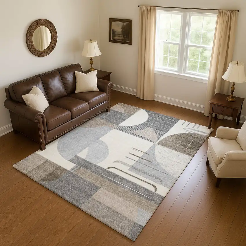 Taupe Ivory And Gray Geometric Washable Area Rug With UV Protection Photo 3