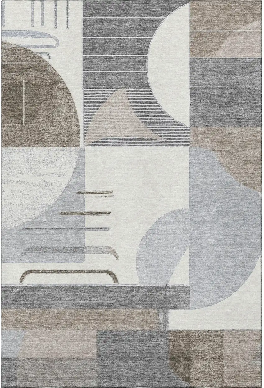 Taupe Ivory And Gray Geometric Washable Area Rug With UV Protection Photo 2