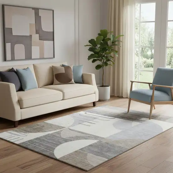 Taupe Ivory And Gray Geometric Washable Area Rug With UV Protection Photo 2