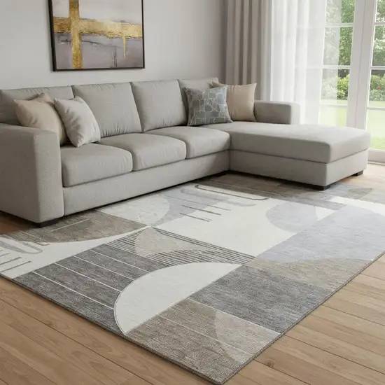 Taupe Ivory And Gray Geometric Washable Area Rug With UV Protection Photo 2