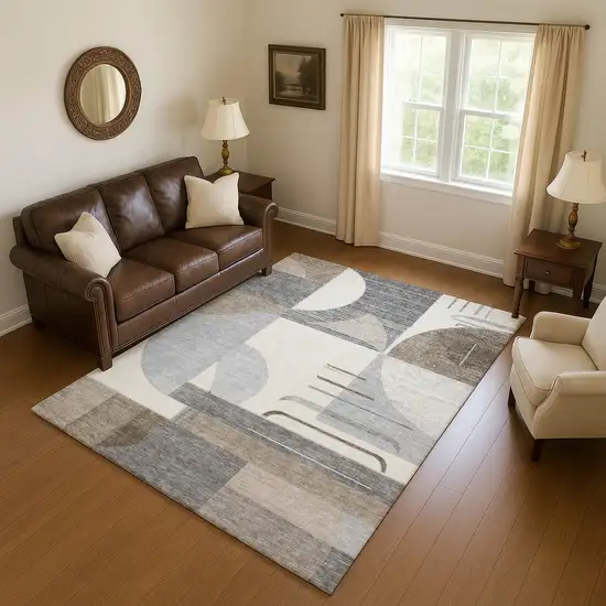 Taupe Ivory And Gray Geometric Washable Area Rug With UV Protection Photo 4