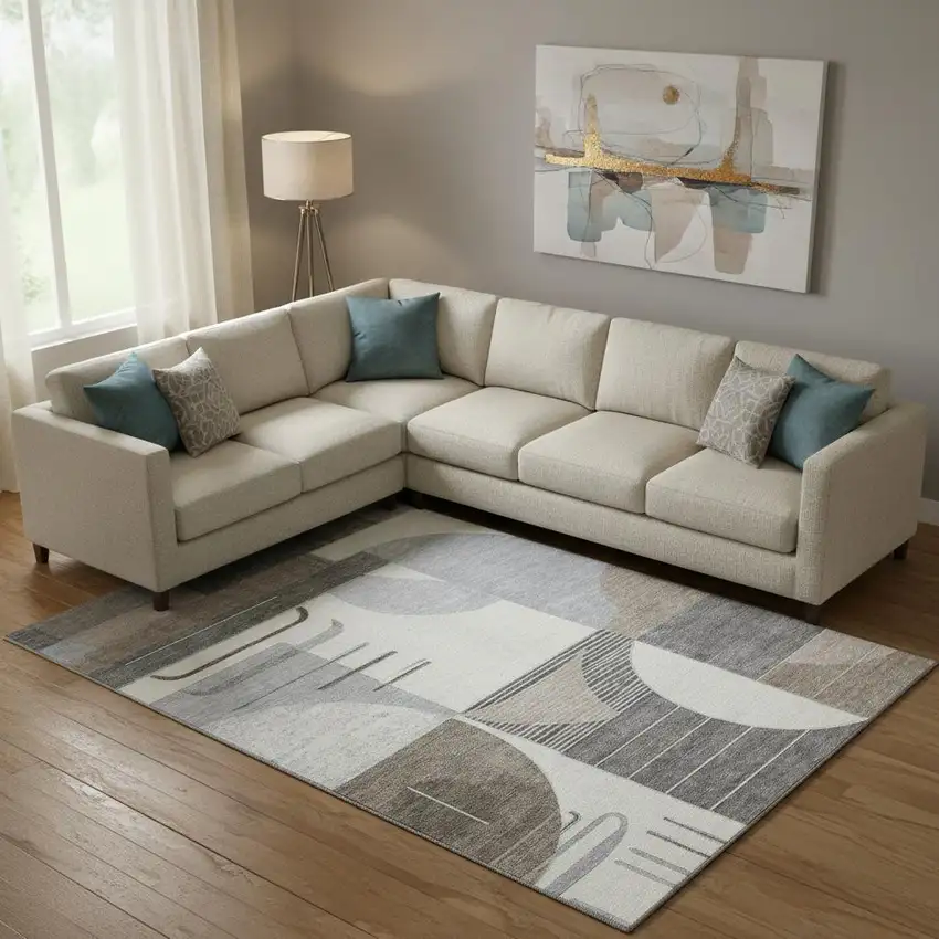 Taupe Ivory And Gray Geometric Washable Area Rug With UV Protection Photo 2