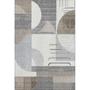 Photo of Taupe Ivory And Gray Geometric Washable Area Rug With UV Protection