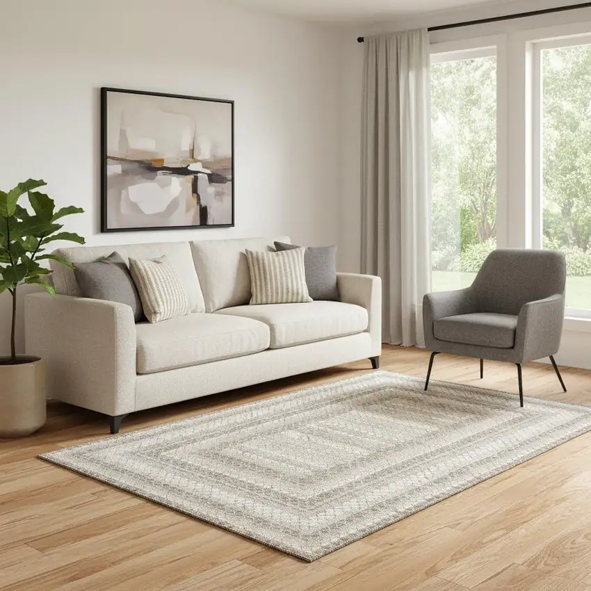 Taupe Ivory And Gray Geometric Washable Area Rug With UV Protection Photo 2