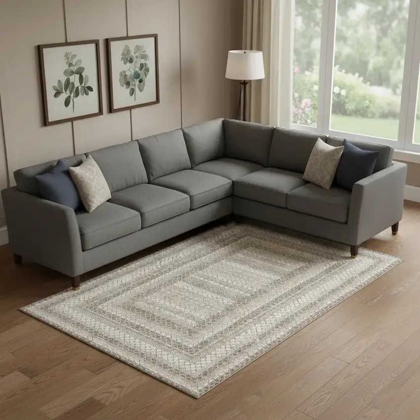 Taupe Ivory And Gray Geometric Washable Area Rug With UV Protection Photo 2