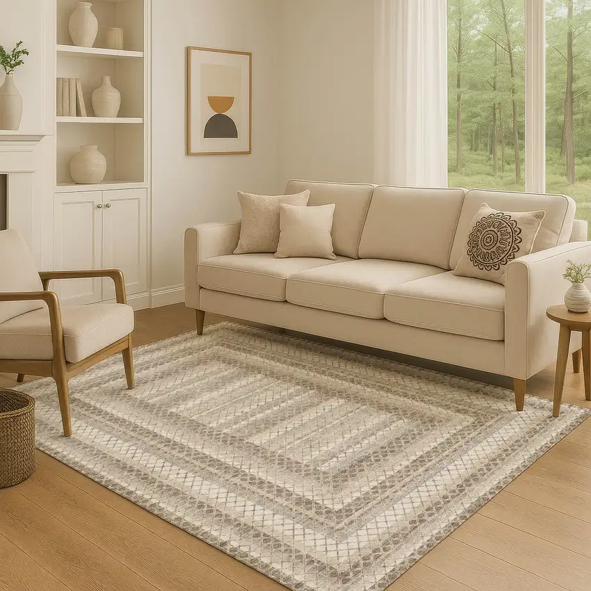 Taupe Ivory And Gray Geometric Washable Area Rug With UV Protection Photo 5