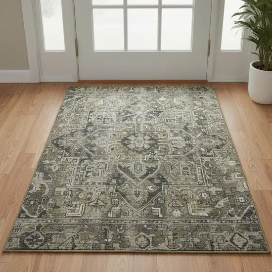 Taupe Ivory And Gray Oriental Washable Area Rug With UV Protection Photo 3