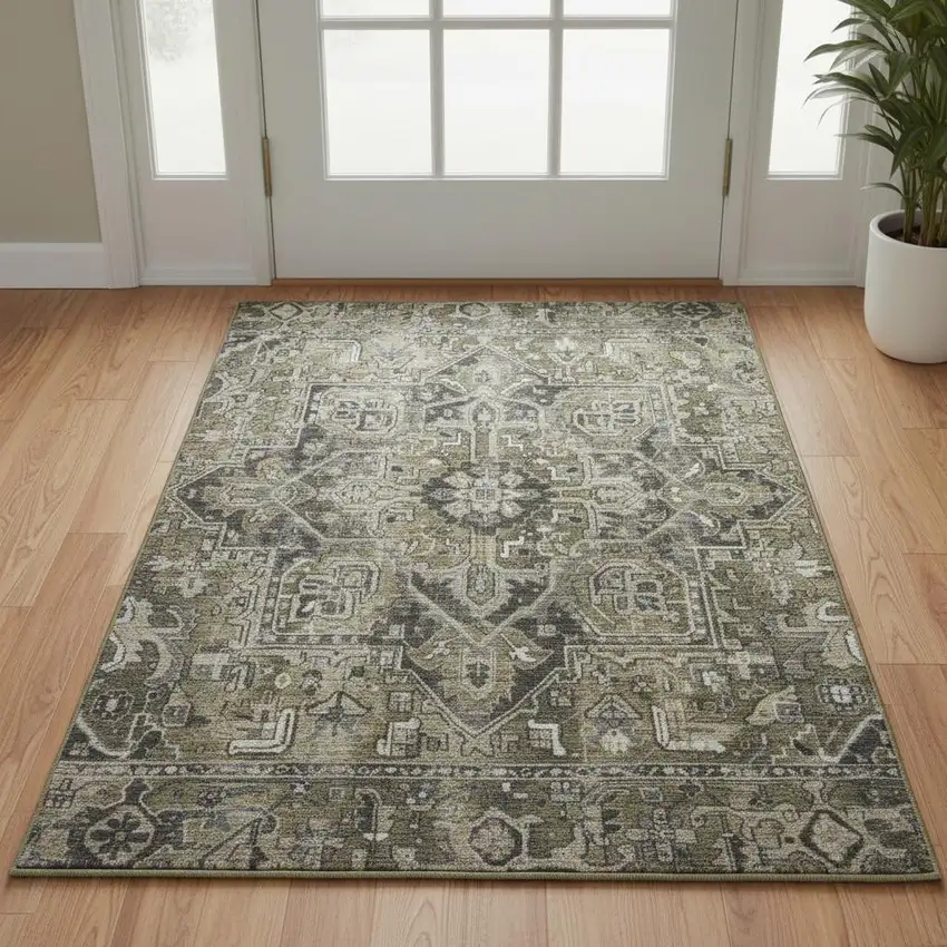 Taupe Ivory And Gray Oriental Washable Area Rug With UV Protection Photo 3