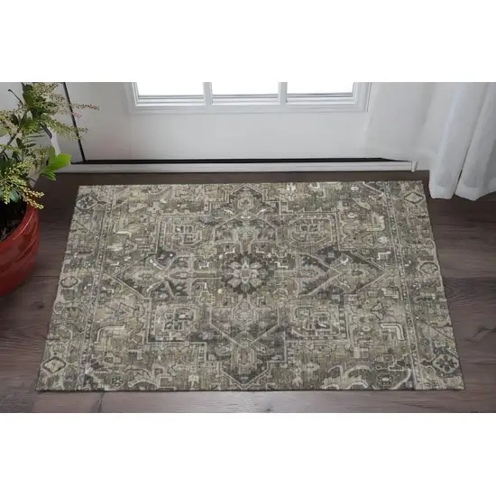 Taupe Ivory And Gray Oriental Washable Area Rug With UV Protection Photo 2