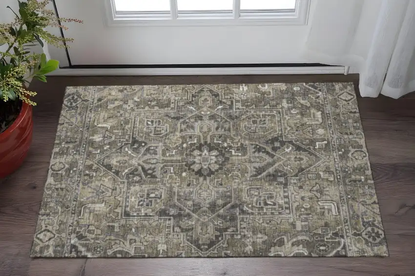 Taupe Ivory And Gray Oriental Washable Area Rug With UV Protection Photo 2
