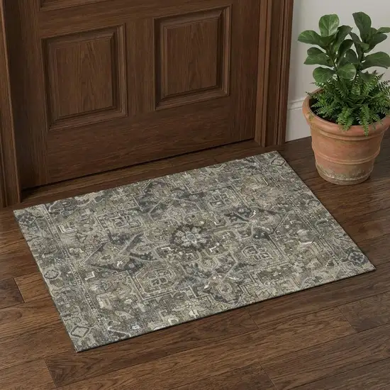 Taupe Ivory And Gray Oriental Washable Area Rug With UV Protection Photo 1