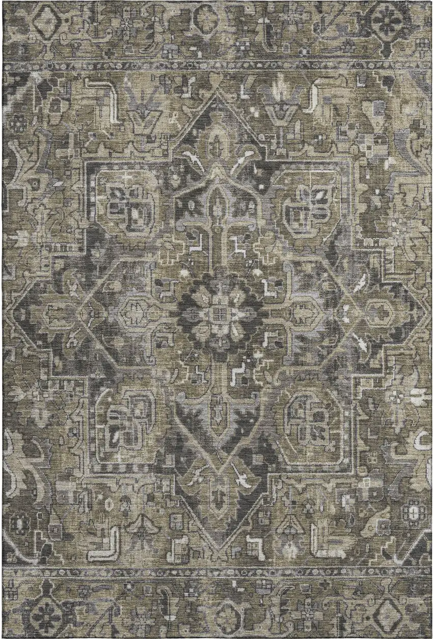 Taupe Ivory And Gray Oriental Washable Area Rug With UV Protection Photo 1