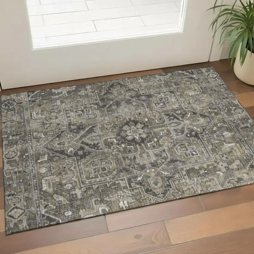 Taupe Ivory And Gray Oriental Washable Area Rug With UV Protection Photo 1
