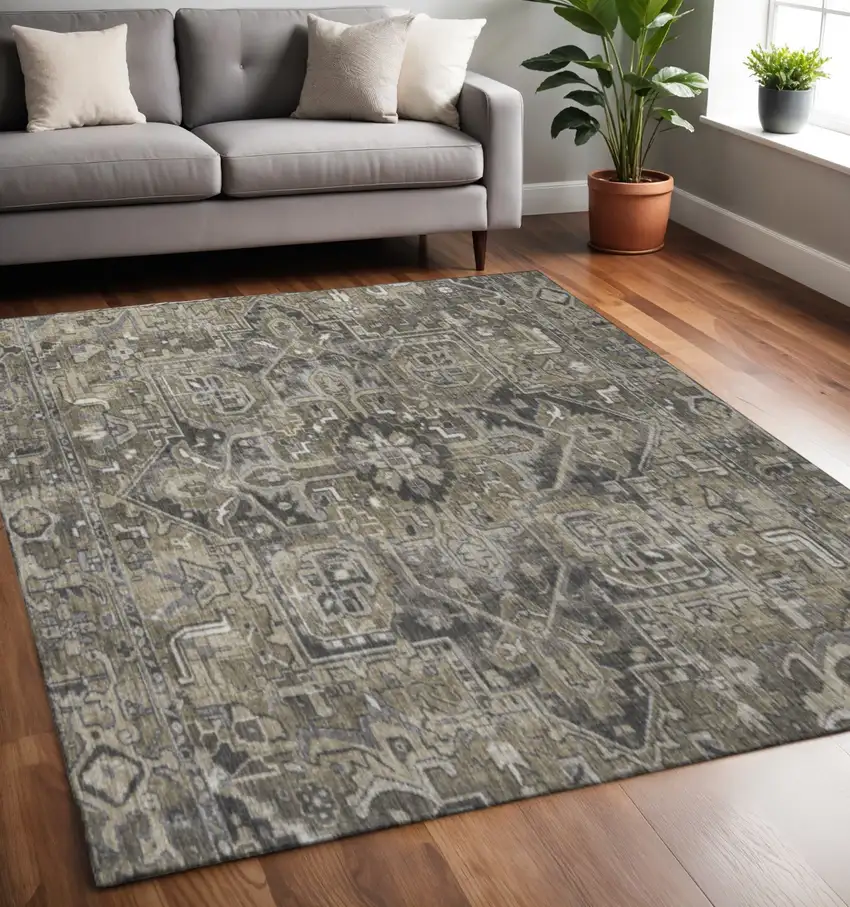 Taupe Ivory And Gray Oriental Washable Area Rug With UV Protection Photo 2