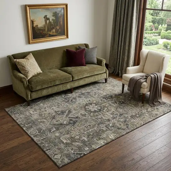 Taupe Ivory And Gray Oriental Washable Area Rug With UV Protection Photo 1