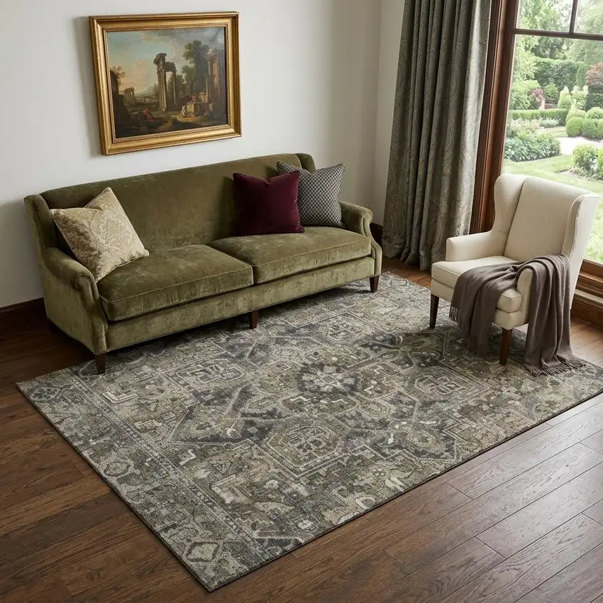 Taupe Ivory And Gray Oriental Washable Area Rug With UV Protection Photo 1