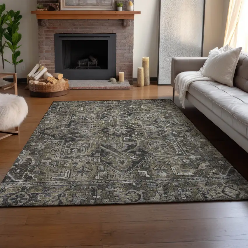 Taupe Ivory And Gray Oriental Washable Area Rug With UV Protection Photo 7