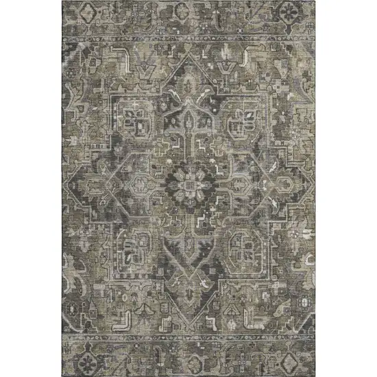 Taupe Ivory And Gray Oriental Washable Area Rug With UV Protection Photo 1