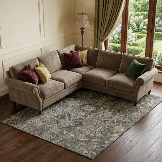 Taupe Ivory And Gray Oriental Washable Area Rug With UV Protection Photo 1