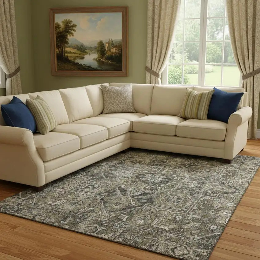 Taupe Ivory And Gray Oriental Washable Area Rug With UV Protection Photo 1