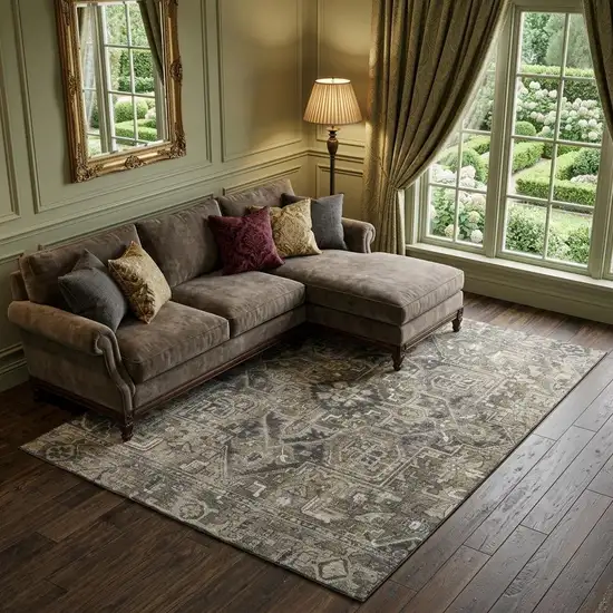 Taupe Ivory And Gray Oriental Washable Area Rug With UV Protection Photo 1