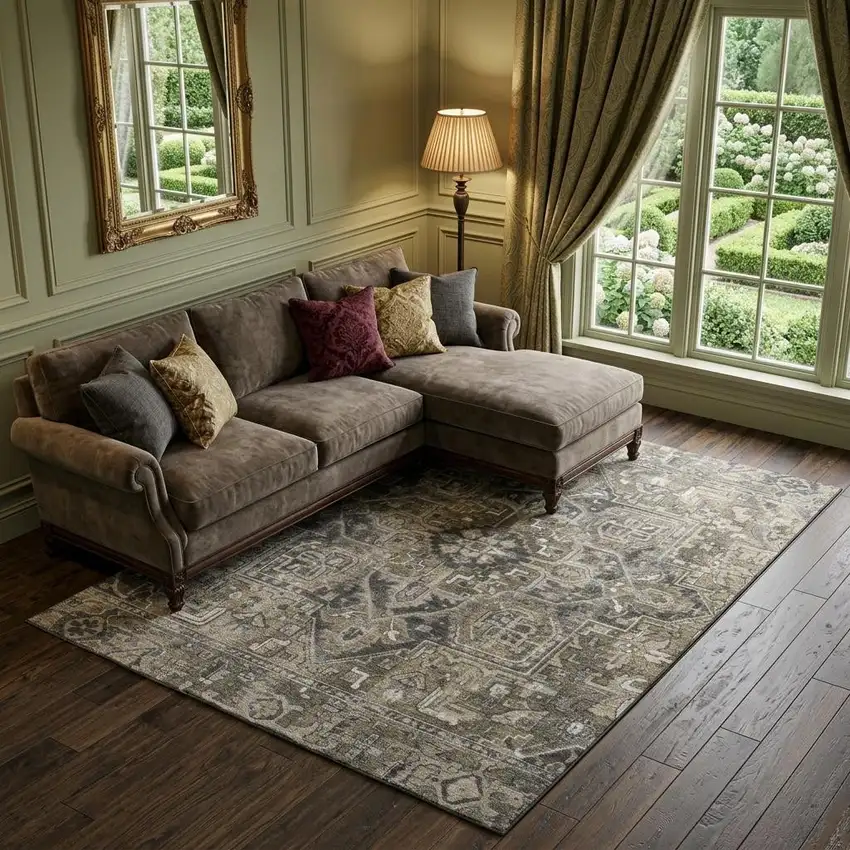 Taupe Ivory And Gray Oriental Washable Area Rug With UV Protection Photo 1