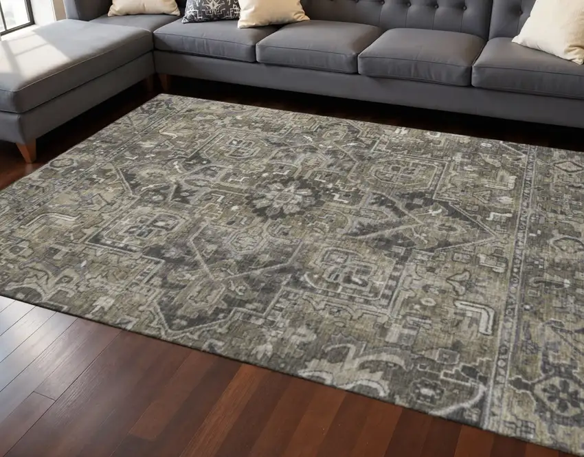 Taupe Ivory And Gray Oriental Washable Area Rug With UV Protection Photo 2