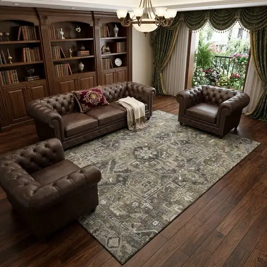 Taupe Ivory And Gray Oriental Washable Area Rug With UV Protection Photo 1