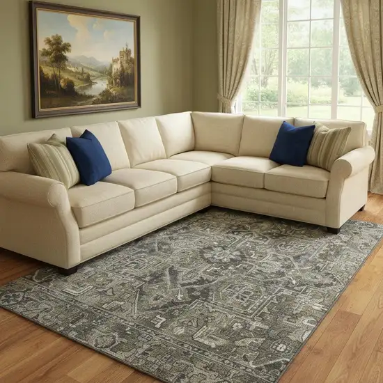 Taupe Ivory And Gray Oriental Washable Area Rug With UV Protection Photo 1