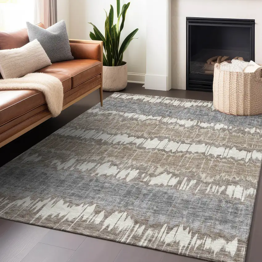 Taupe Ivory And Gray Striped Washable Area Rug With UV Protection Photo 6