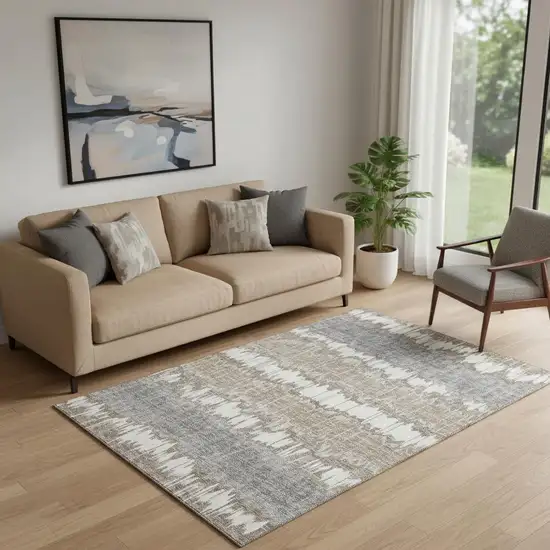 Taupe Ivory And Gray Striped Washable Area Rug With UV Protection Photo 1