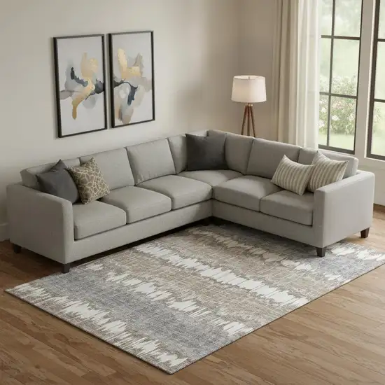 Taupe Ivory And Gray Striped Washable Area Rug With UV Protection Photo 1