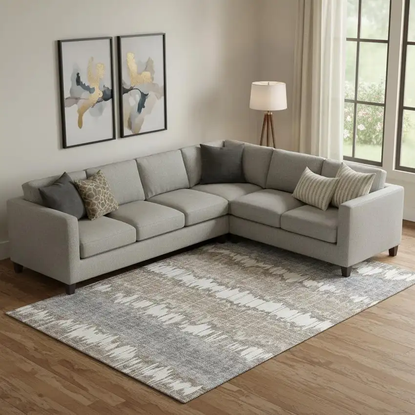 Taupe Ivory And Gray Striped Washable Area Rug With UV Protection Photo 1