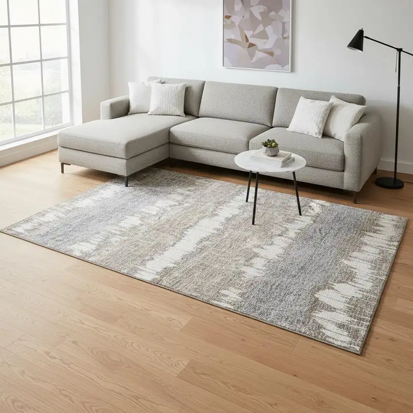 Taupe Ivory And Gray Striped Washable Area Rug With UV Protection Photo 2