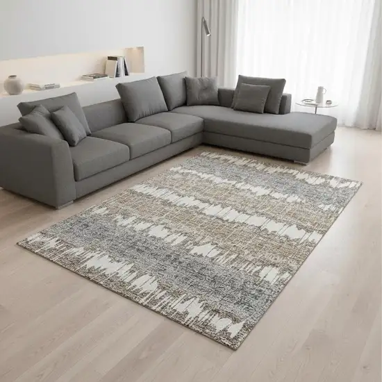 Taupe Ivory And Gray Striped Washable Area Rug With UV Protection Photo 2