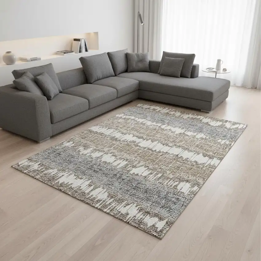 Taupe Ivory And Gray Striped Washable Area Rug With UV Protection Photo 2
