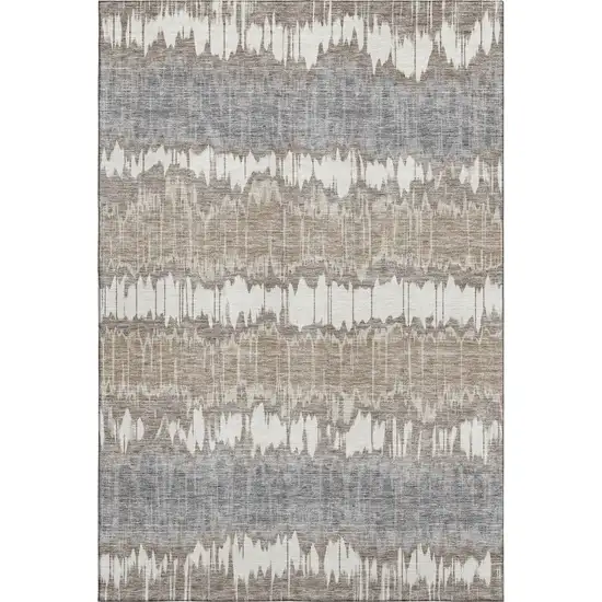 Taupe Ivory And Gray Striped Washable Area Rug With UV Protection Photo 1