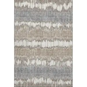 Photo of Taupe Ivory And Gray Striped Washable Area Rug With UV Protection