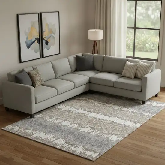 Taupe Ivory And Gray Striped Washable Area Rug With UV Protection Photo 1