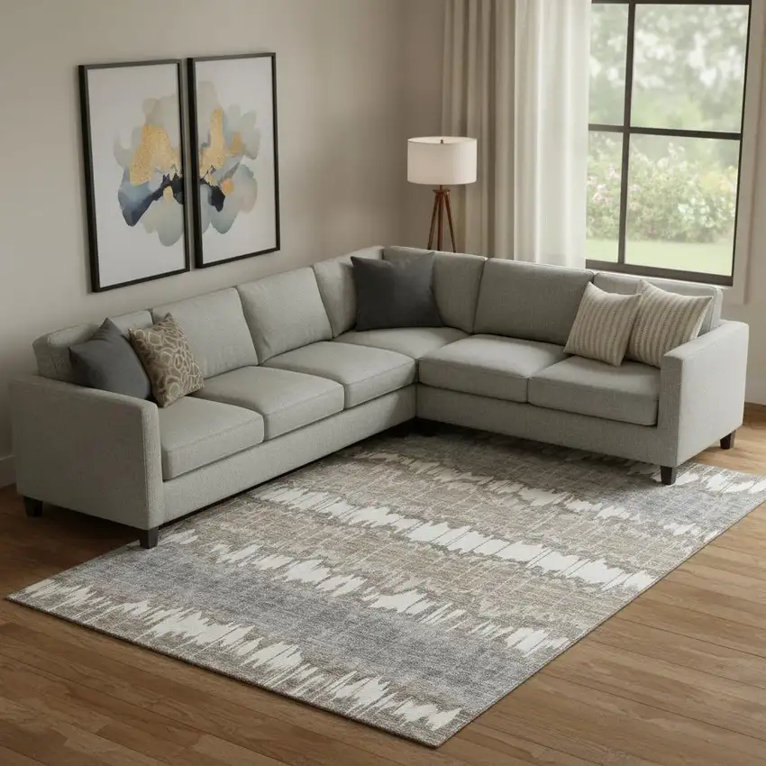 Taupe Ivory And Gray Striped Washable Area Rug With UV Protection Photo 1