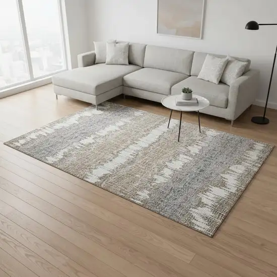 Taupe Ivory And Gray Striped Washable Area Rug With UV Protection Photo 2