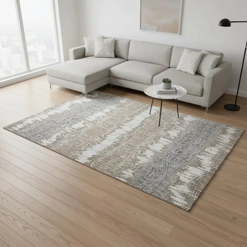 Taupe Ivory And Gray Striped Washable Area Rug With UV Protection Photo 2