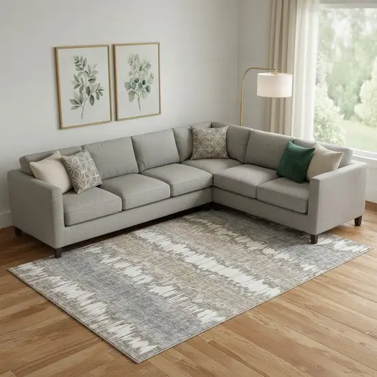 Taupe Ivory And Gray Striped Washable Area Rug With UV Protection Photo 3